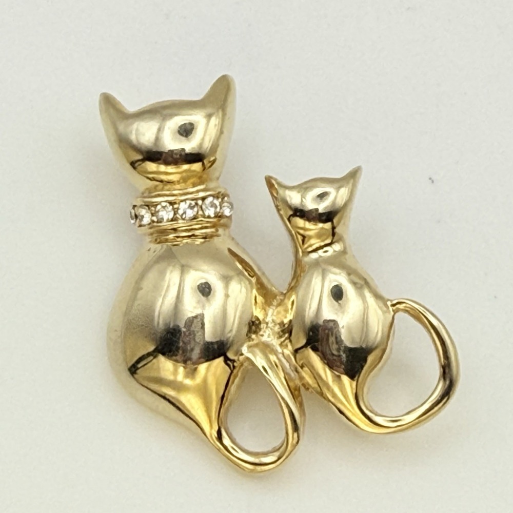 Vintage Cat Brooch Gold Tone Rhinestone Color Mother Kitten Pin 1.5" Tall